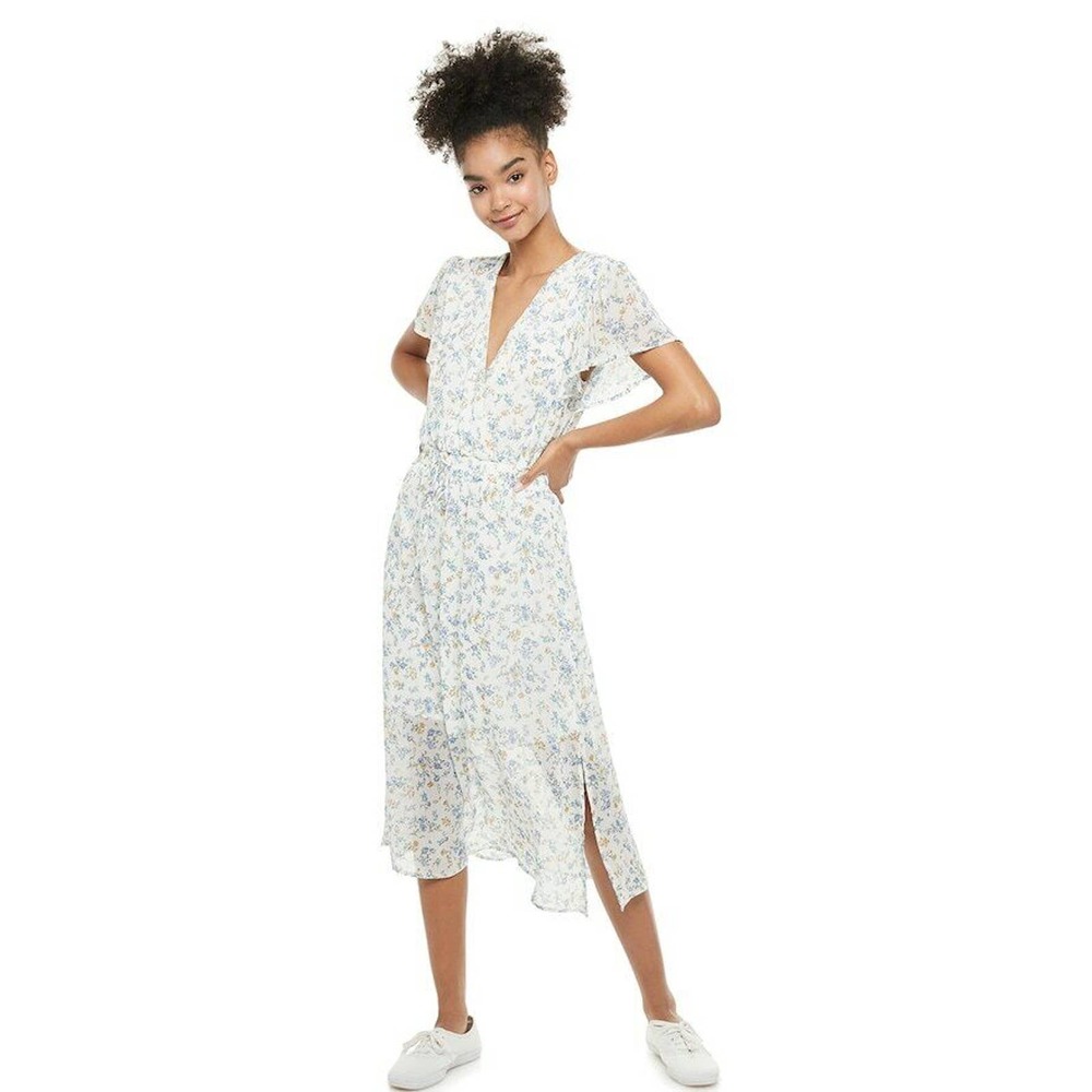 Row A Smocked Waist Maxi Dress White Floral Peasant Boho Flutter Sleeve Size S